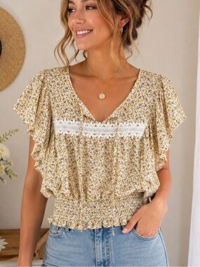 London Rose Yellow Floral Smocked Flutter Sleeve Cottagecore‎ Blouse L